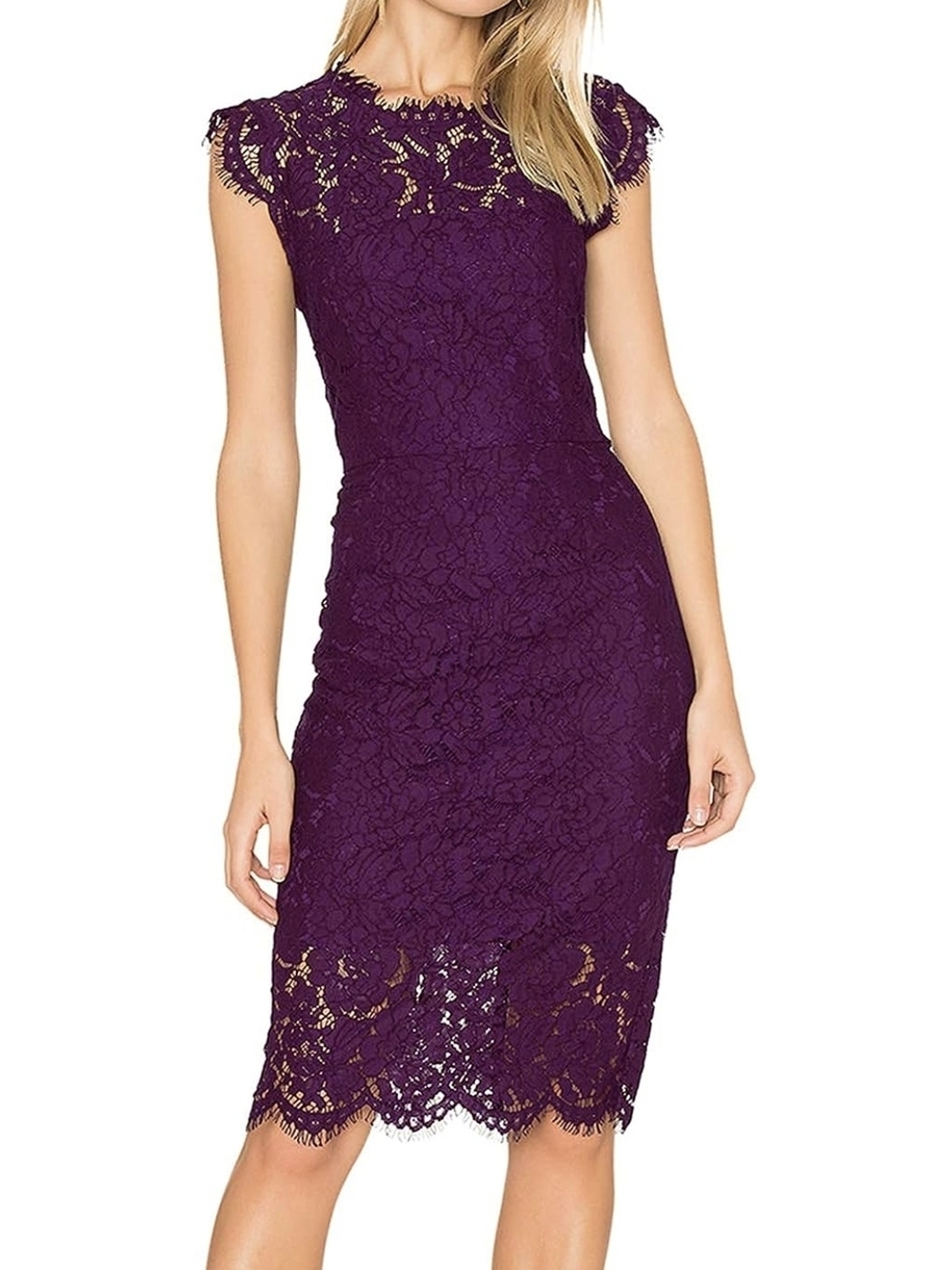 Feminine Purple Lace Midi Dress with Cap Sleeves